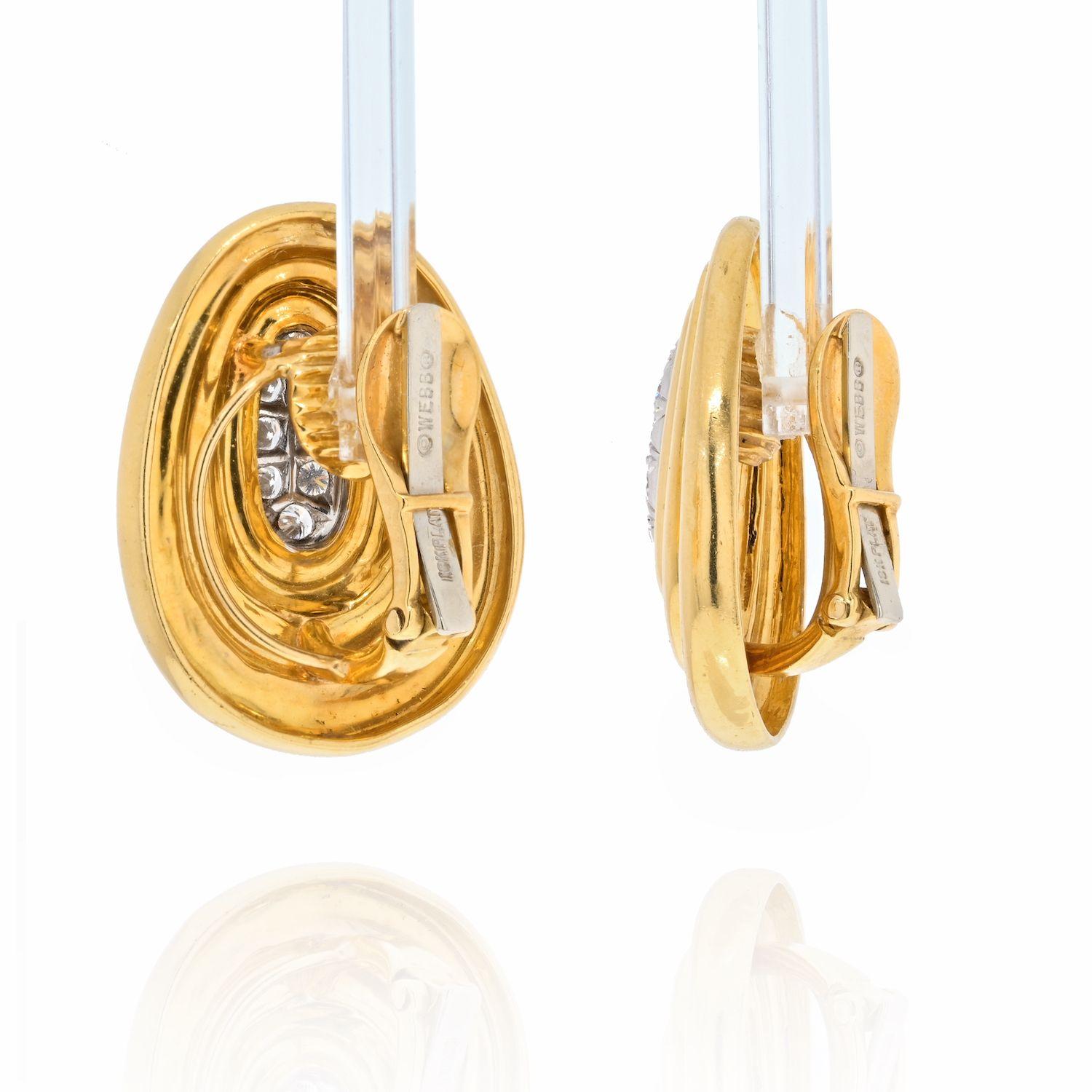 Round Cut David Webb Platinum & 18K Yellow Gold Textured Gold and Diamond Earrings For Sale