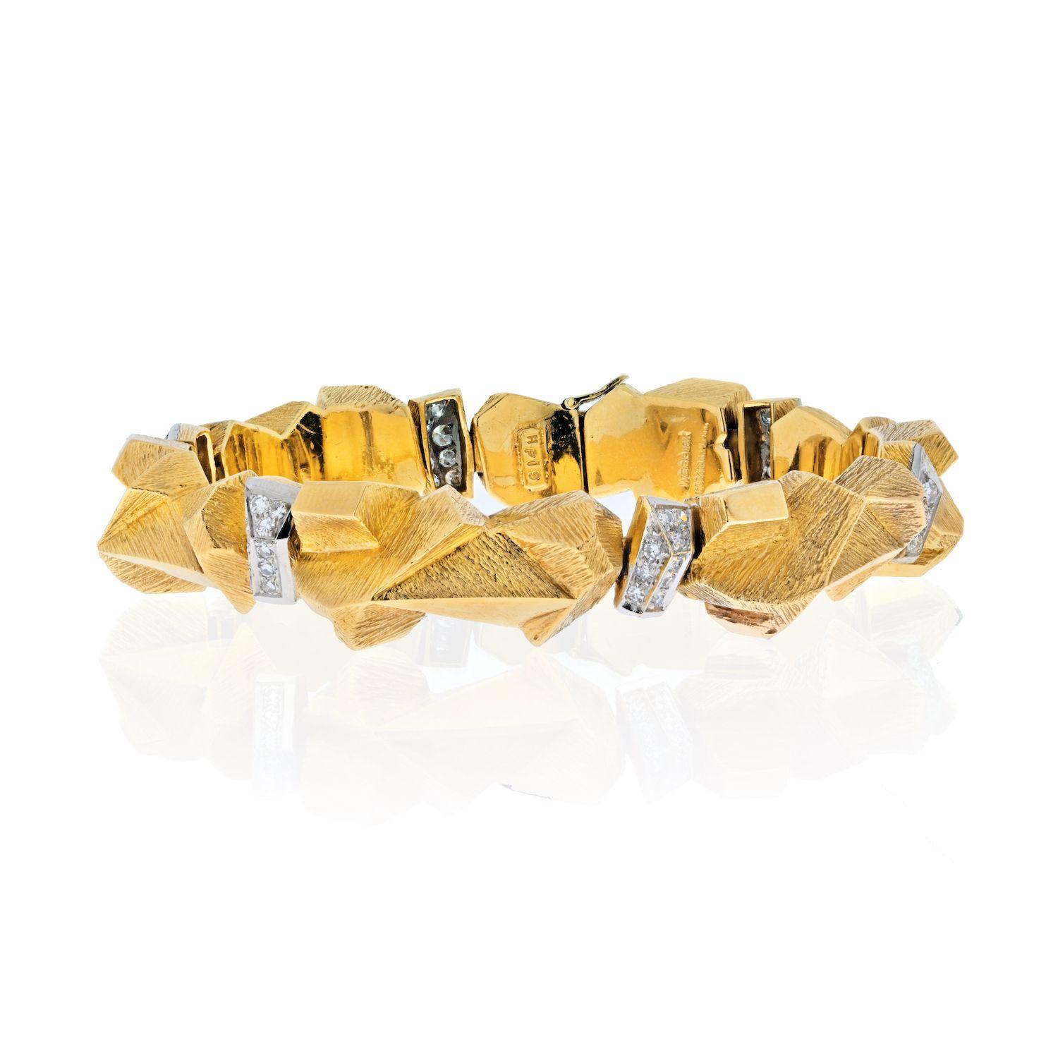 David Webb Bracelet à maillons en platine et or jaune 18 carats avec pépites de diamants texturés Excellent état - En vente à New York, NY