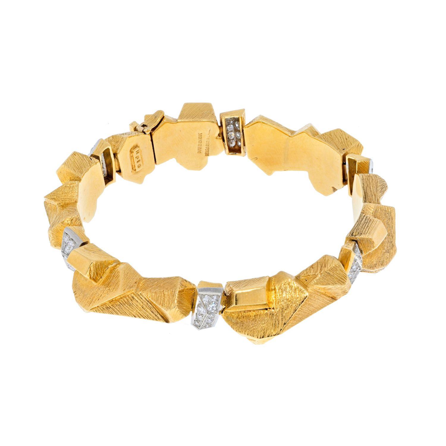 Modern David Webb Platinum & 18K Yellow Gold Textured Nugget Diamond Link Bracelet For Sale
