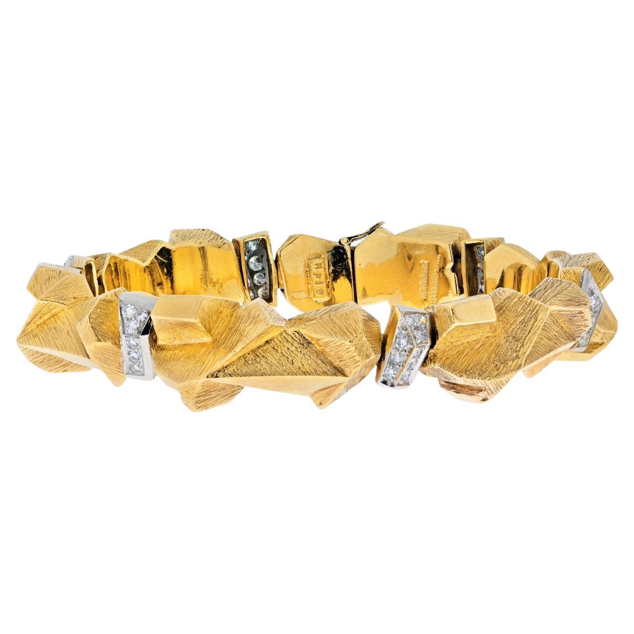 David Webb Platinum & 18K Yellow Gold Textured Nugget Diamond Link Bracelet For Sale