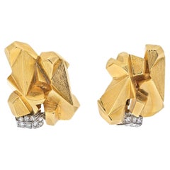 David Webb Platin & 18K Gelbgold Texturierte Nugget-Diamant-Ohrringe mit Schlitz