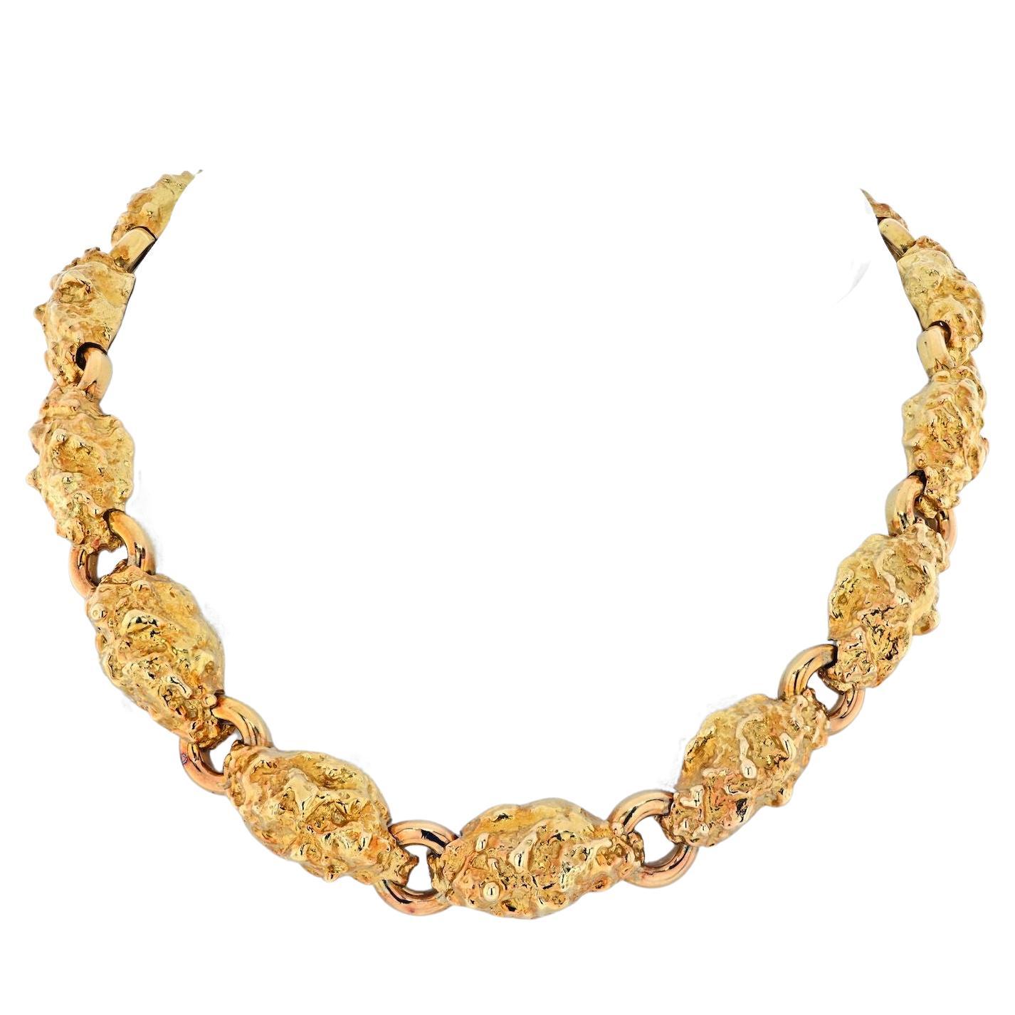 David Webb Platinum & 18K Yellow Gold Textured Nugget Link Necklace For Sale
