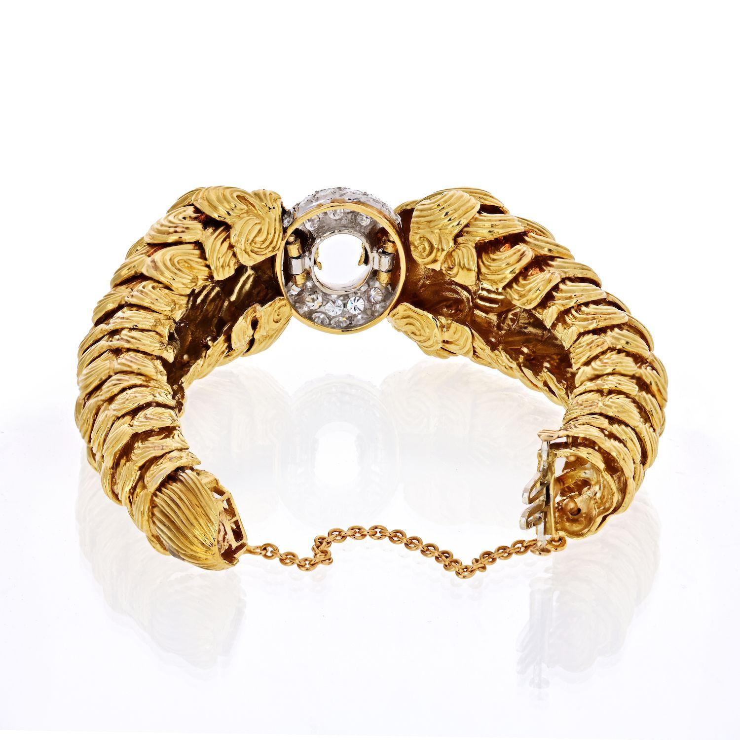 Brilliant Cut David Webb Platinum & 18K Yellow Gold Textured Scrolls, and Diamond Bracelet