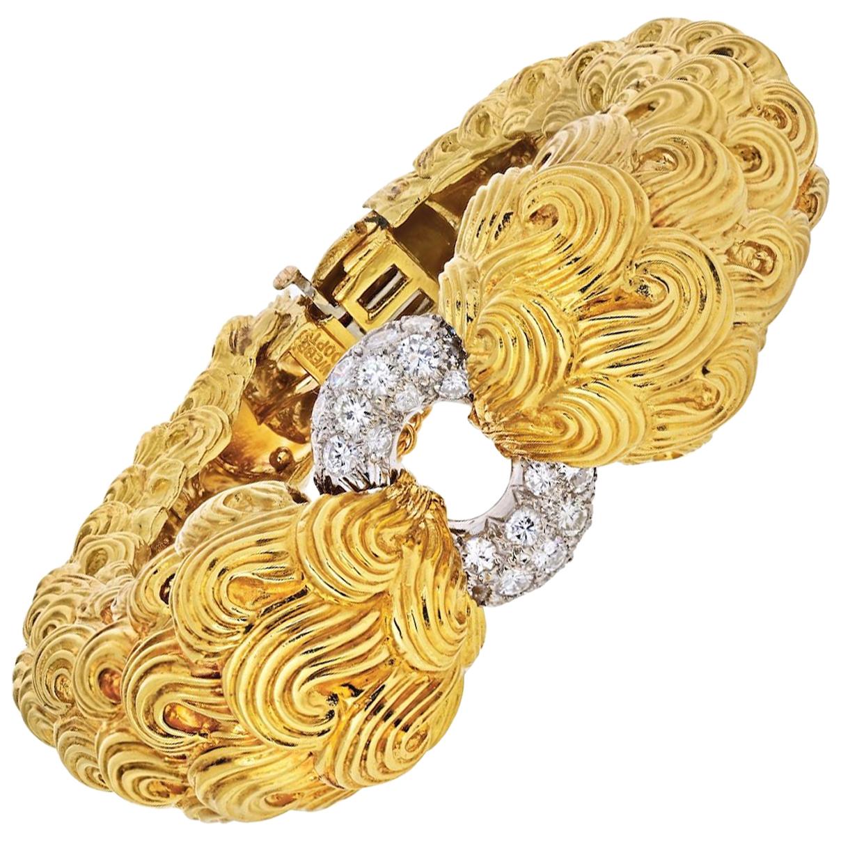 David Webb Platinum & 18K Yellow Gold Textured Scrolls, and Diamond Bracelet