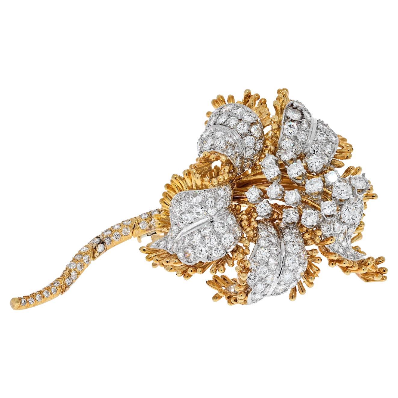 David Webb Platinum & 18K Yellow Gold Tremblant Diamond Flower Brooch