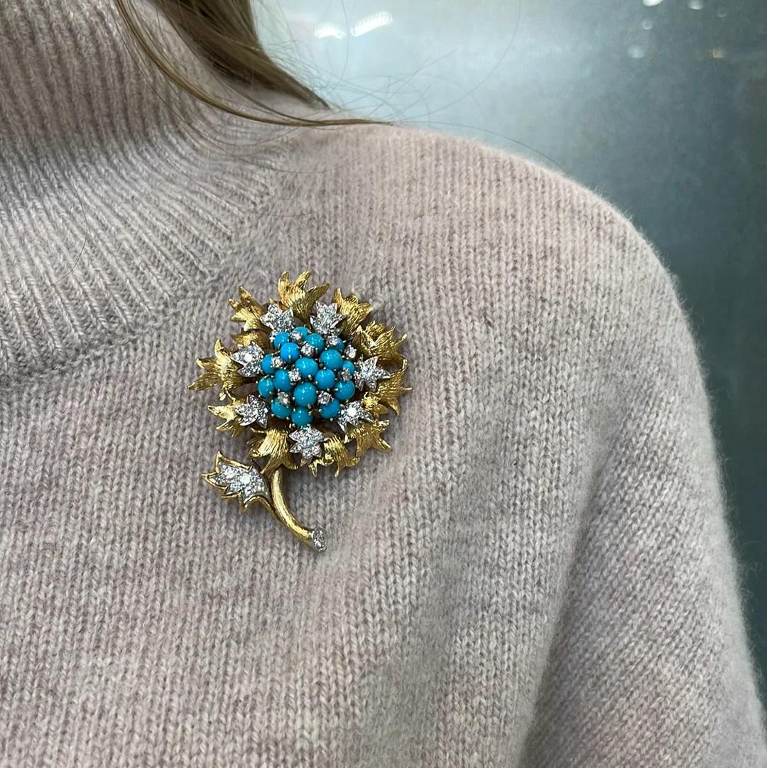 Of floral design, centrally set with cabochon turquoise, accented throughout with round brilliant-cut diamonds; signed Webb; estimated total diamond weight: 2.35 carats; 
mounted in platinum and 18k gold; length: 2.5in.

There are several reasons