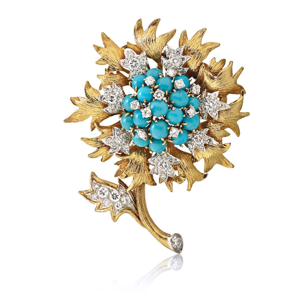 Round Cut David Webb Platinum & 18k Yellow Gold Turquoise and Diamond Floral Brooch