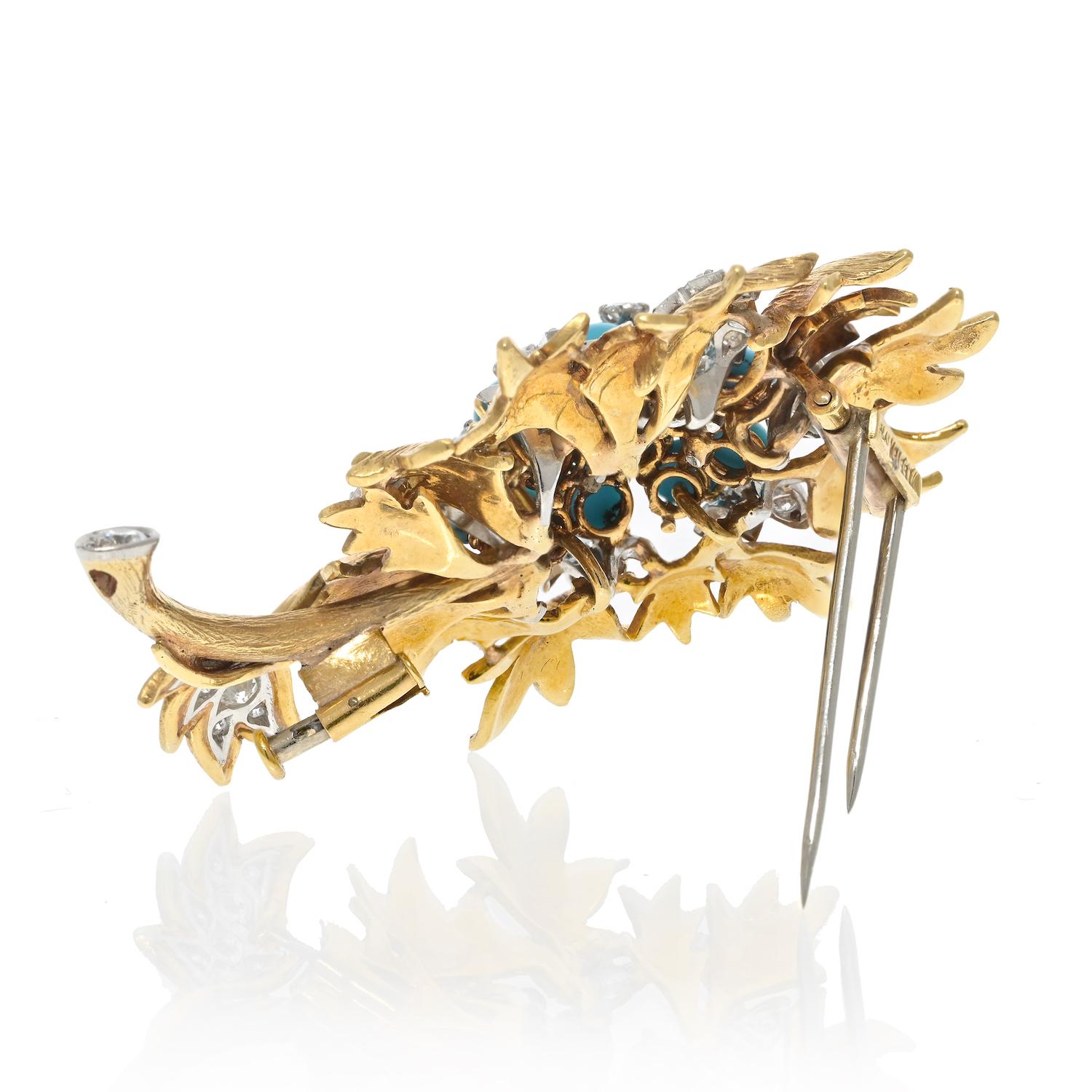 David Webb Platinum & 18k Yellow Gold Turquoise and Diamond Floral Brooch In Excellent Condition In New York, NY
