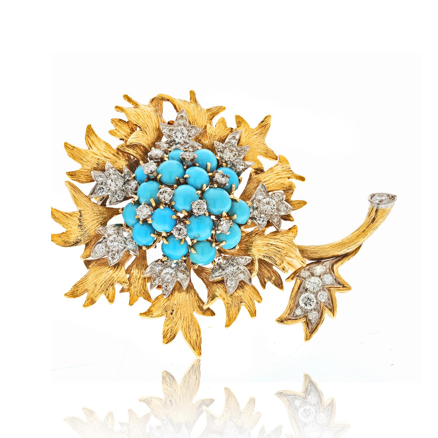 Women's or Men's David Webb Platinum & 18k Yellow Gold Turquoise and Diamond Floral Brooch