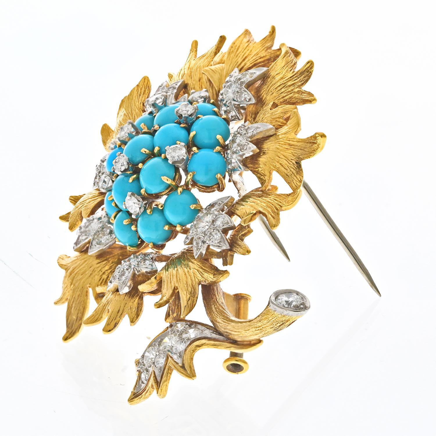 David Webb Platinum & 18k Yellow Gold Turquoise and Diamond Floral Brooch 1