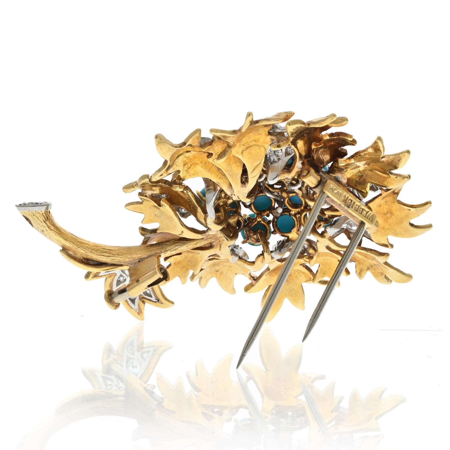 David Webb Platinum & 18k Yellow Gold Turquoise and Diamond Floral Brooch 2