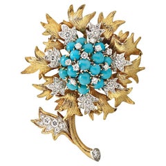 David Webb Platinum & 18k Yellow Gold Turquoise and Diamond Floral Brooch