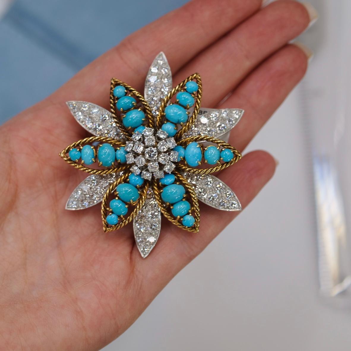 David Webb Platinum & 18K Yellow Gold Turquoise, Diamond Flower Brooch For Sale 4