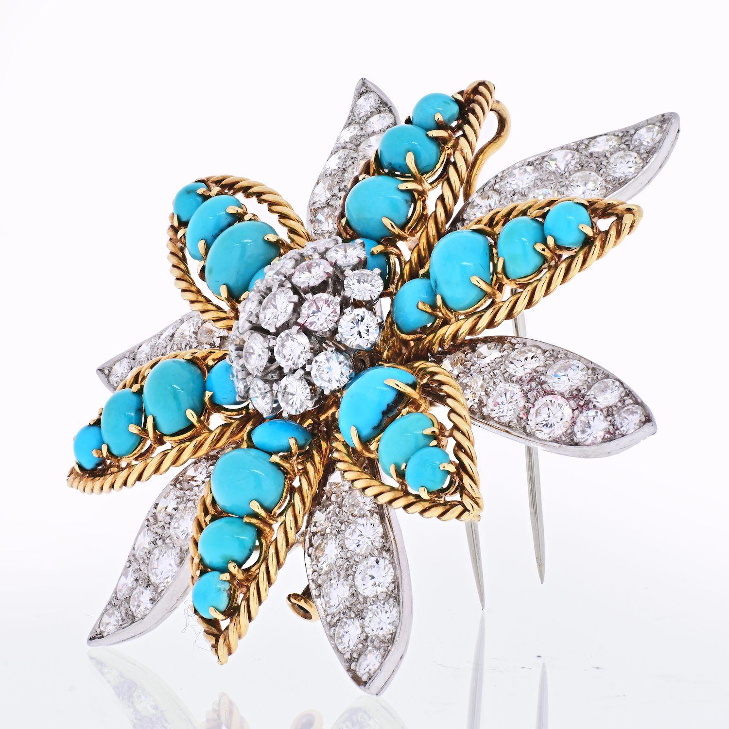 Absolutely stunning David Webb turquoise and diamond brooch crafted in a shape of an exotic flower. Double stem pin. Can also be worn as a pendant. 
Diamonds: F-G color, vs1-VS2 calrity
Turquoise: Oval Cabochons.
