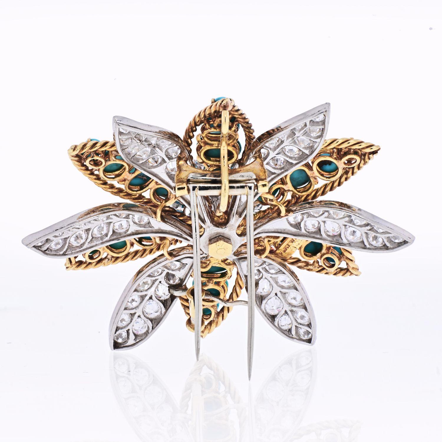 Moderne David Webb Broche fleur en platine et or jaune 18 carats, turquoise et diamants en vente