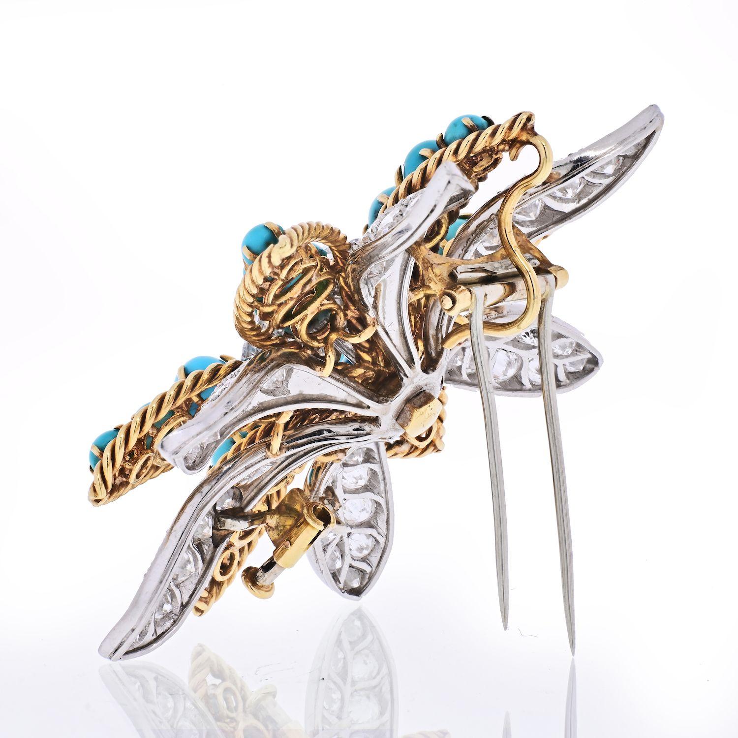 David Webb Broche fleur en platine et or jaune 18 carats, turquoise et diamants Excellent état - En vente à New York, NY