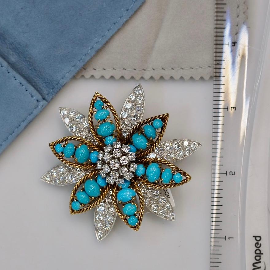 David Webb Platinum & 18K Yellow Gold Turquoise, Diamond Flower Brooch For Sale 3