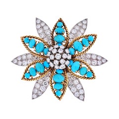 David Webb Broche fleur en platine et or jaune 18 carats, turquoise et diamants