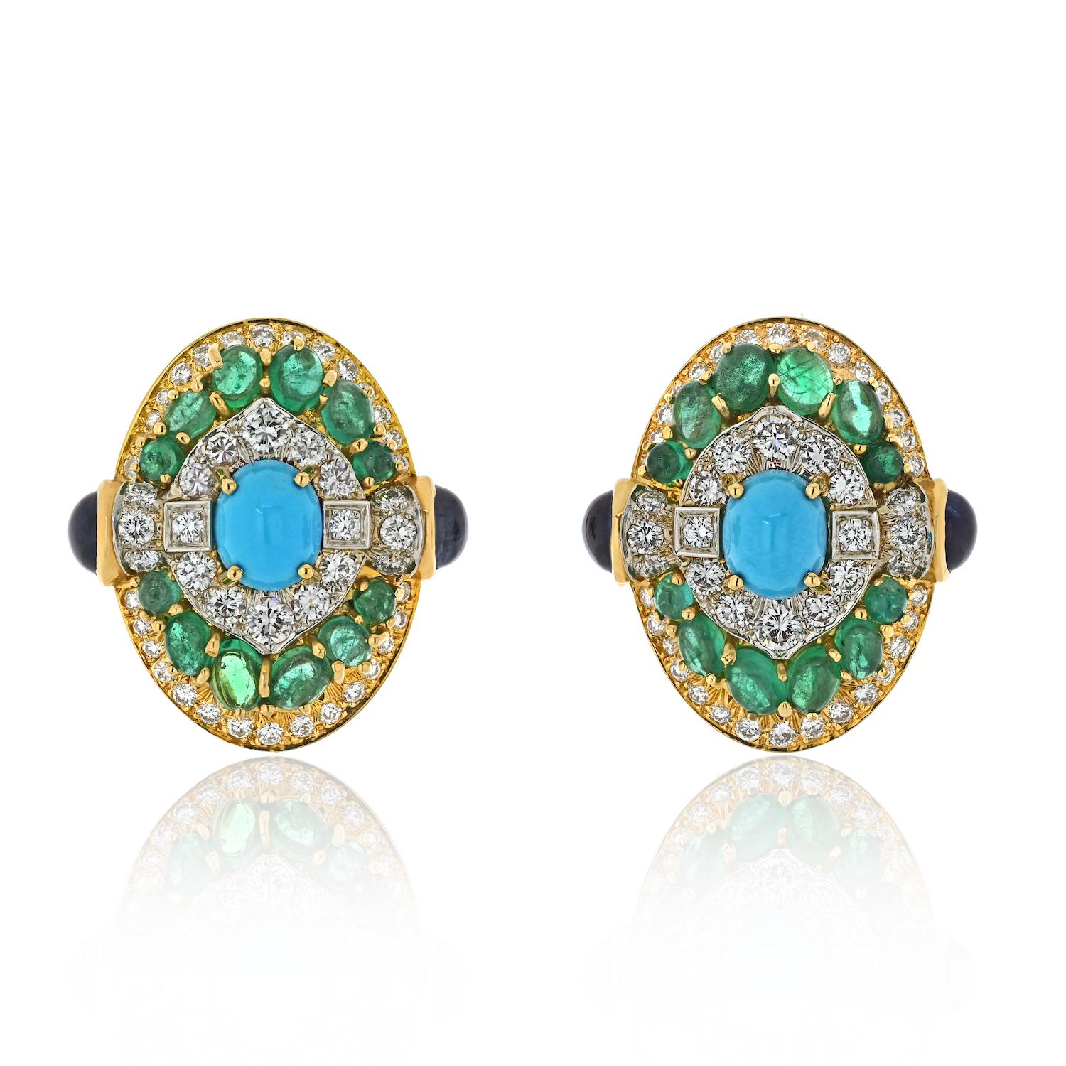 Step into a world of vibrant opulence with these magnificent David Webb 18k yellow gold clip earrings. 

Exuding the brand's signature boldness and artistry, these earrings are a true testament to David Webb's unparalleled craftsmanship.

Measuring