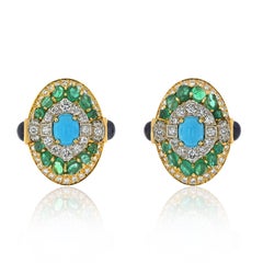 David Webb Platinum, 18K Yellow Gold Turquoise Emerald And Diamond Clip Earrings