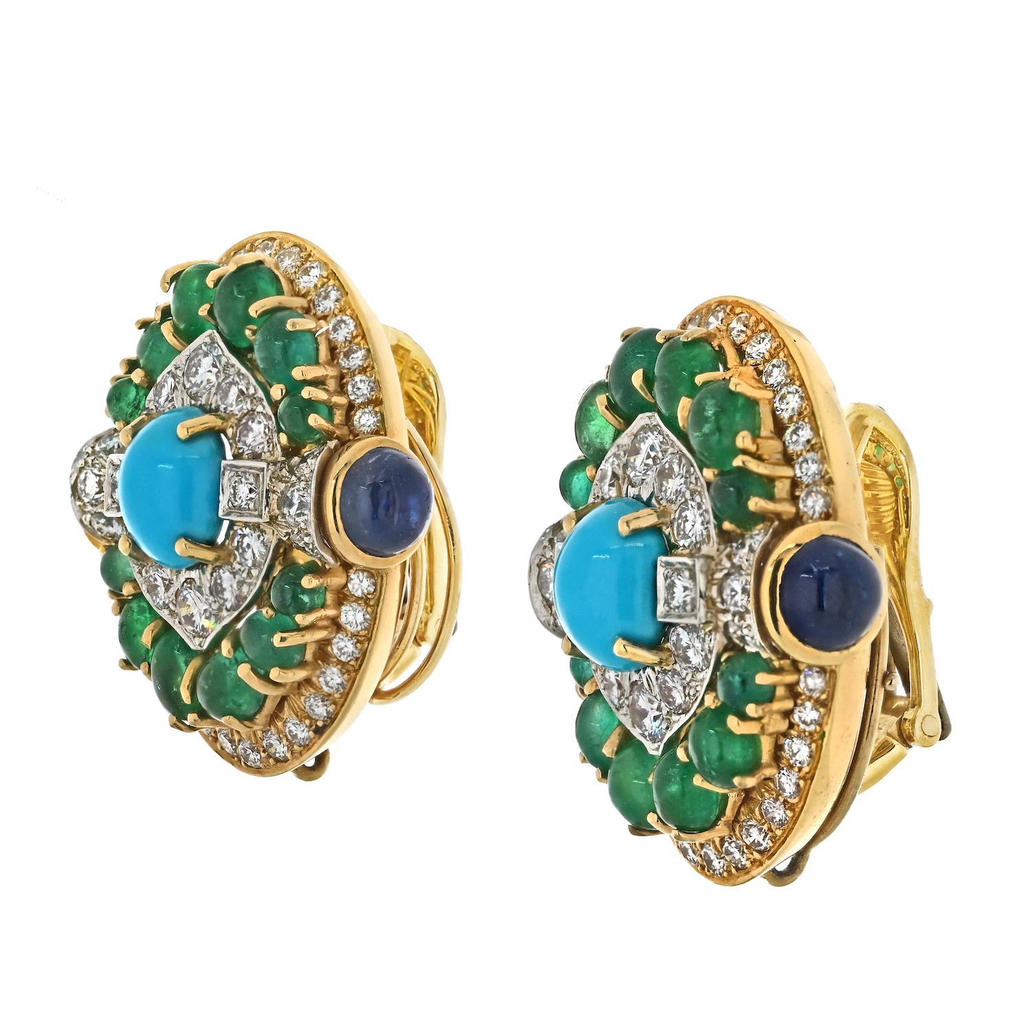 Moderne David Webb - Boucles d'oreilles Clips en platine, or jaune 18 carats, turquoise, émeraude et diamants en vente