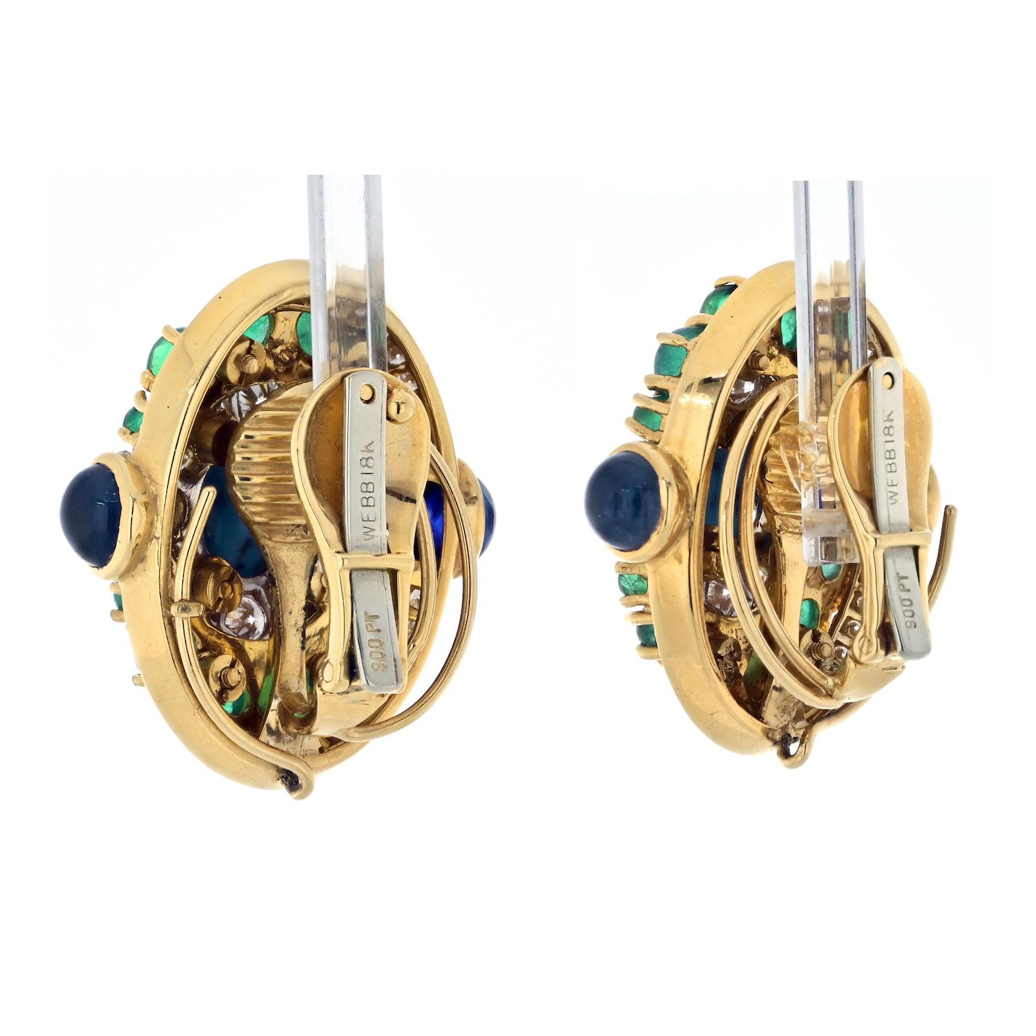Taille cabochon David Webb - Boucles d'oreilles Clips en platine, or jaune 18 carats, turquoise, émeraude et diamants en vente