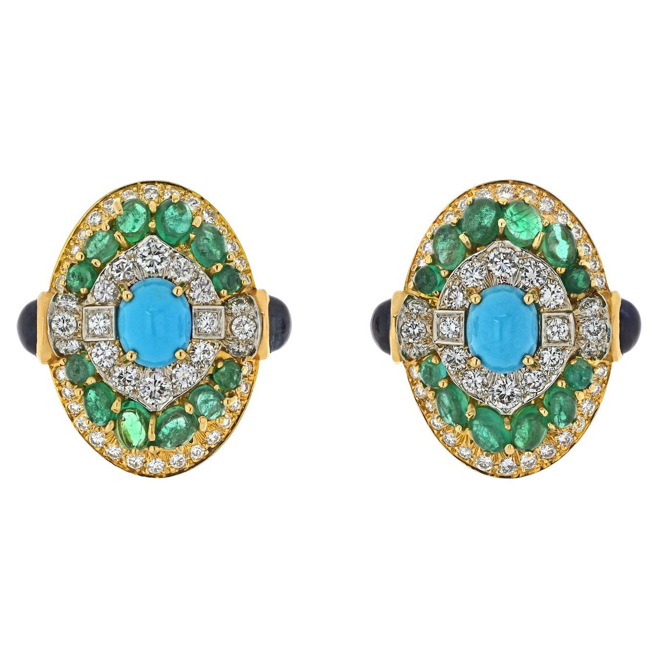 David Webb - Boucles d'oreilles Clips en platine, or jaune 18 carats, turquoise, émeraude et diamants en vente