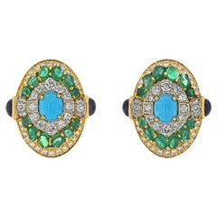 David Webb Platinum, 18K Yellow Gold Turquoise Emerald And Diamond Clip Earrings
