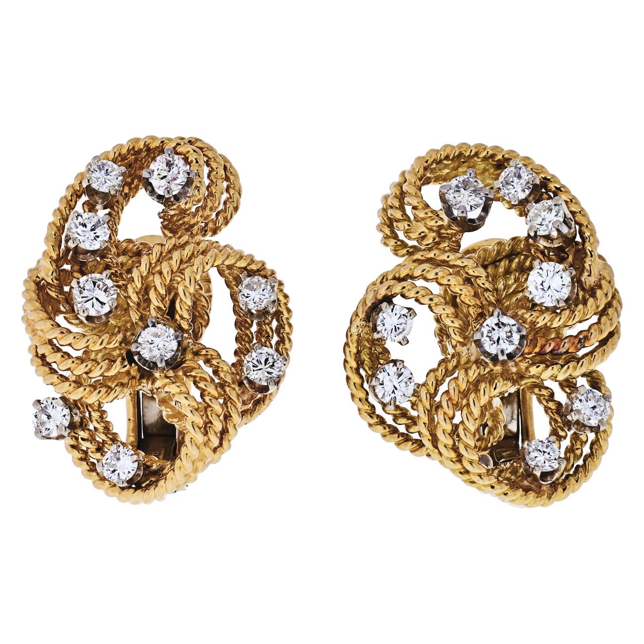 David Webb Platinum & 18k Yellow Gold Twisted Woven Diamond Earrings