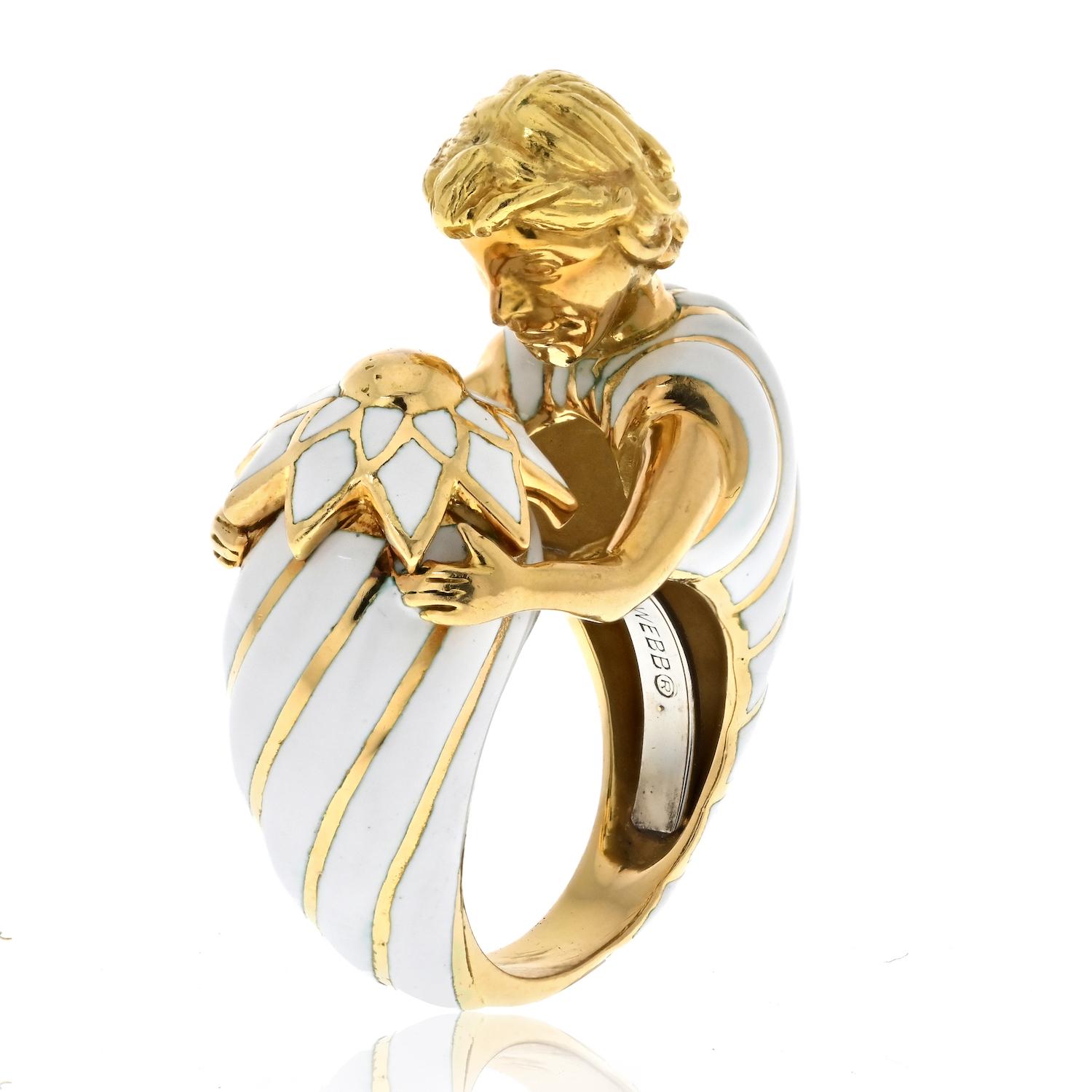 Celebrate your individuality with the estate David Webb Platinum & 18K Yellow Gold Virgo Male Figure White Enamel Ring. This unique piece is not just jewelry; it's a work of art that tells a story. Crafted with precision and artistry, this ring