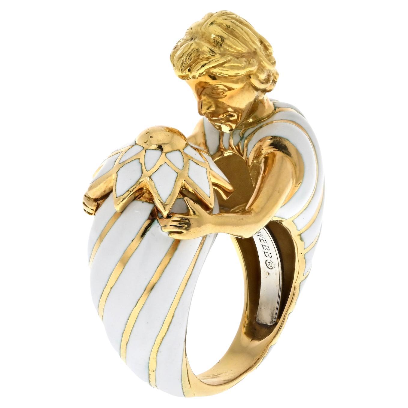 David Webb Platinum & 18K Yellow Gold Virgo Male Figure White Enamel Ring For Sale