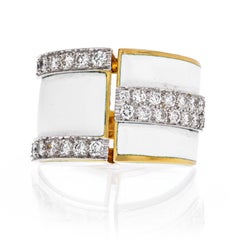 David Webb Platinum & 18K Yellow Gold White Enamel and Diamond Ring
