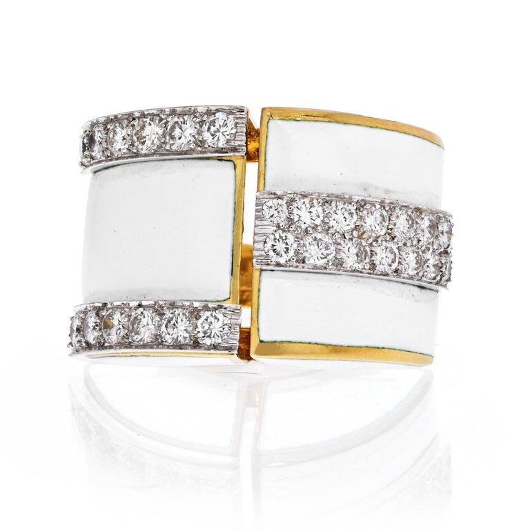 David Webb Platinum and 18K Yellow Gold White Enamel and Diamond Ring ...