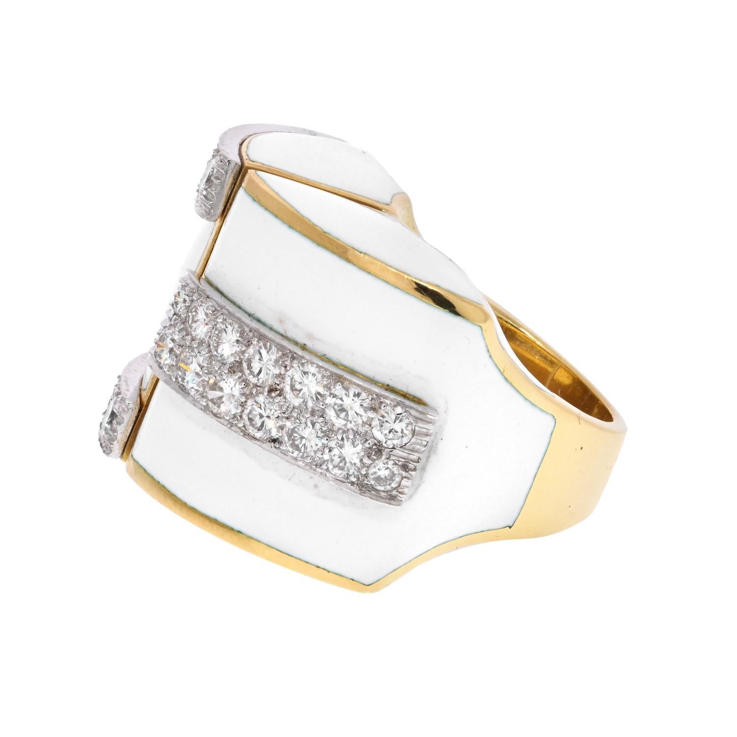 Modern David Webb Platinum & 18K Yellow Gold White Enamel and Diamond Ring For Sale