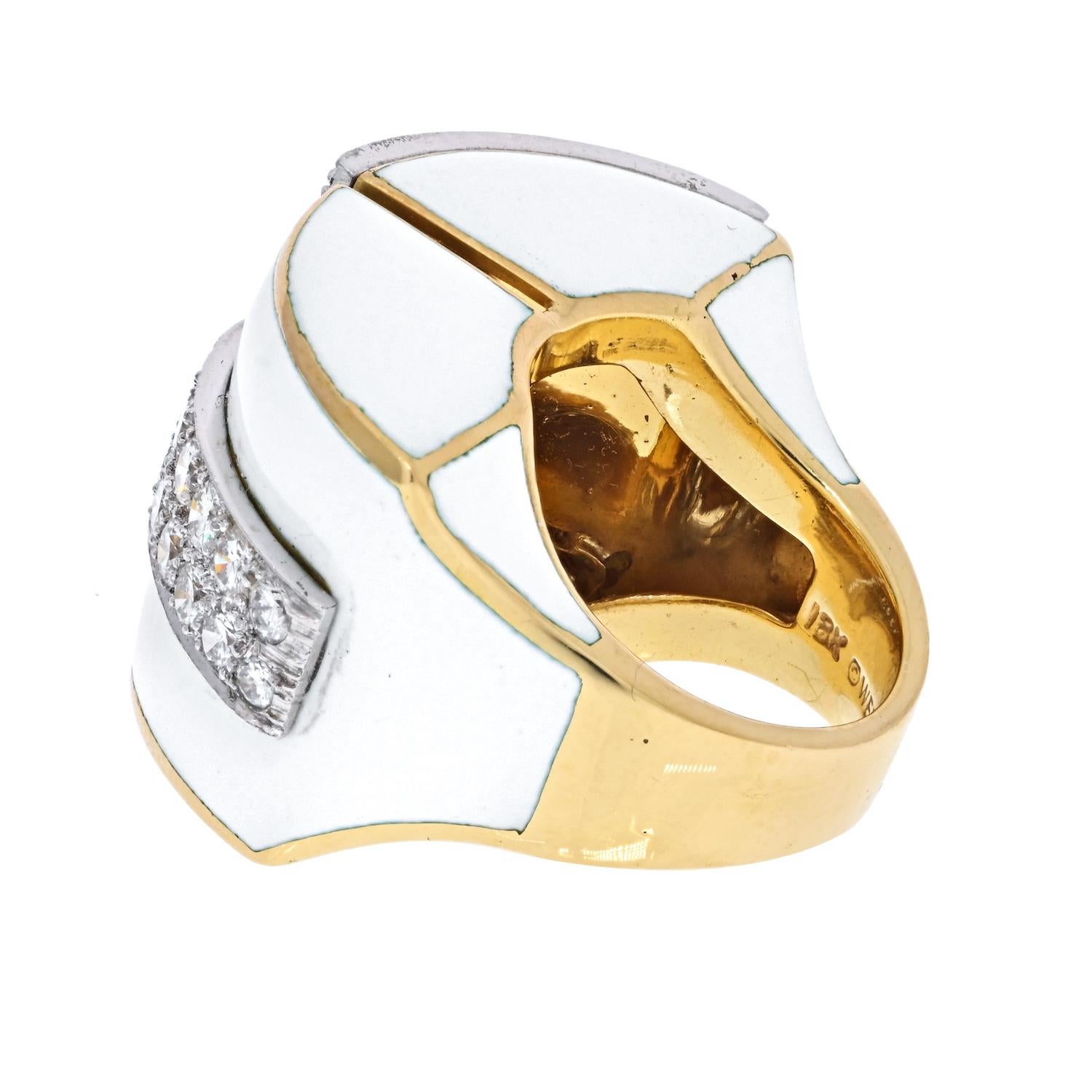 Round Cut David Webb Platinum & 18K Yellow Gold White Enamel and Diamond Ring For Sale