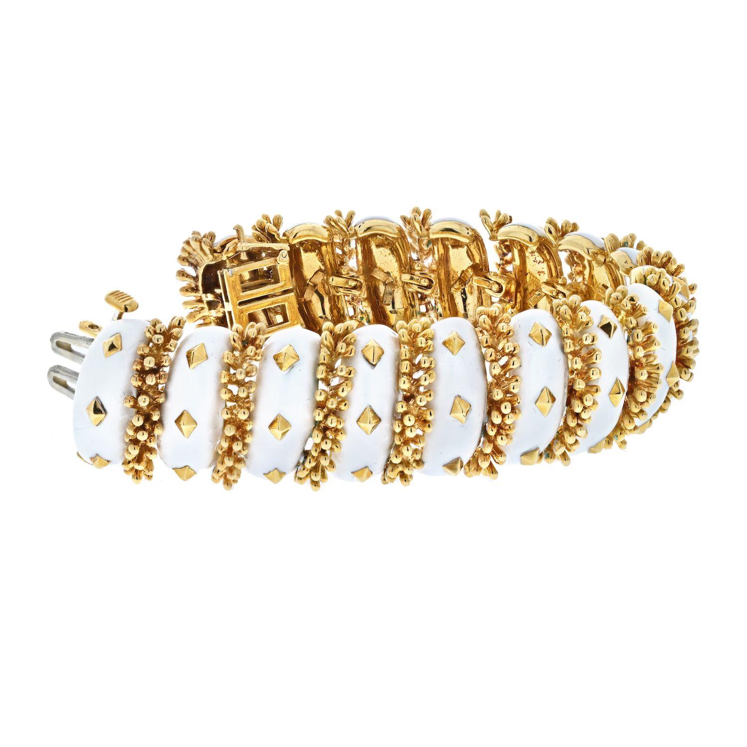 David Webb Platinum & 18K Yellow Gold White Enamel Articulated Bracelet In Excellent Condition For Sale In New York, NY