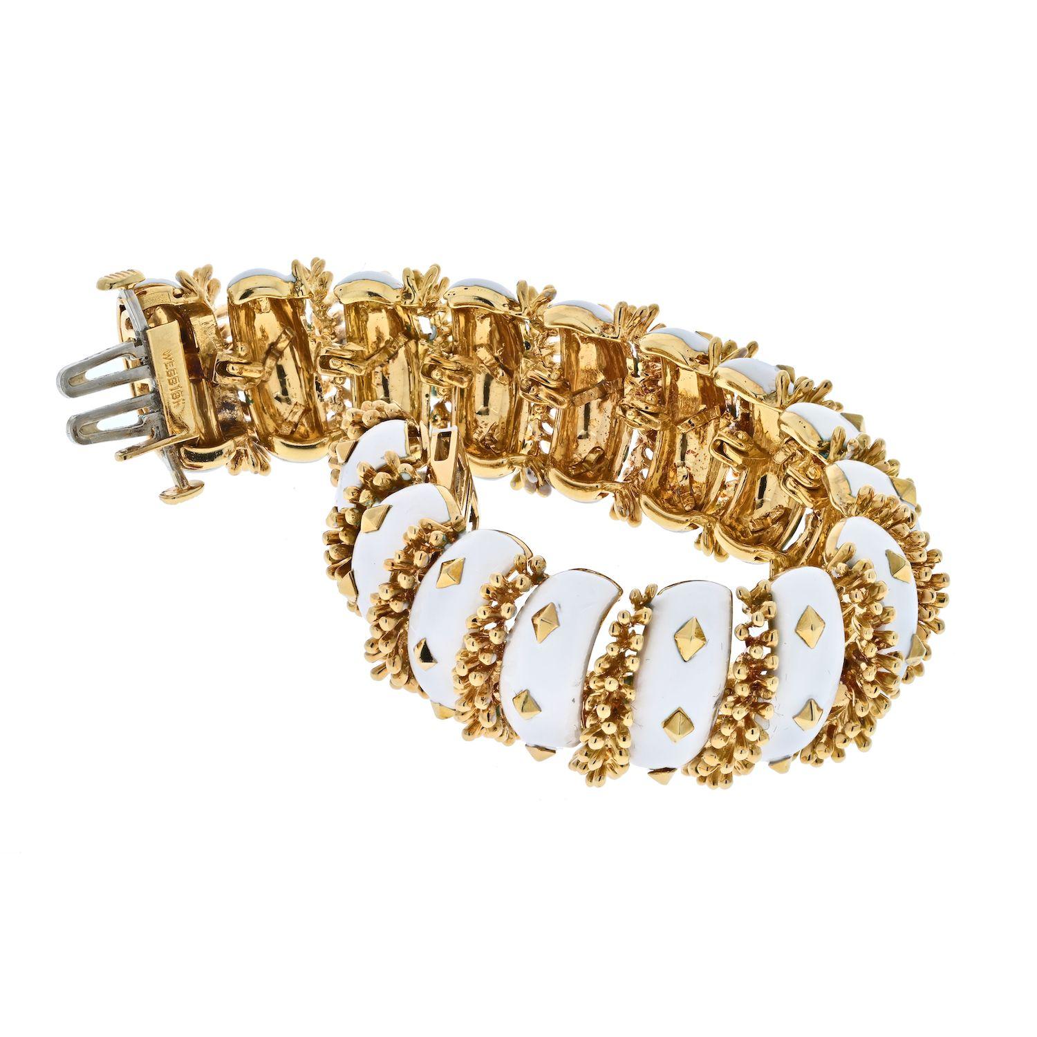 Women's David Webb Platinum & 18K Yellow Gold White Enamel Articulated Bracelet For Sale