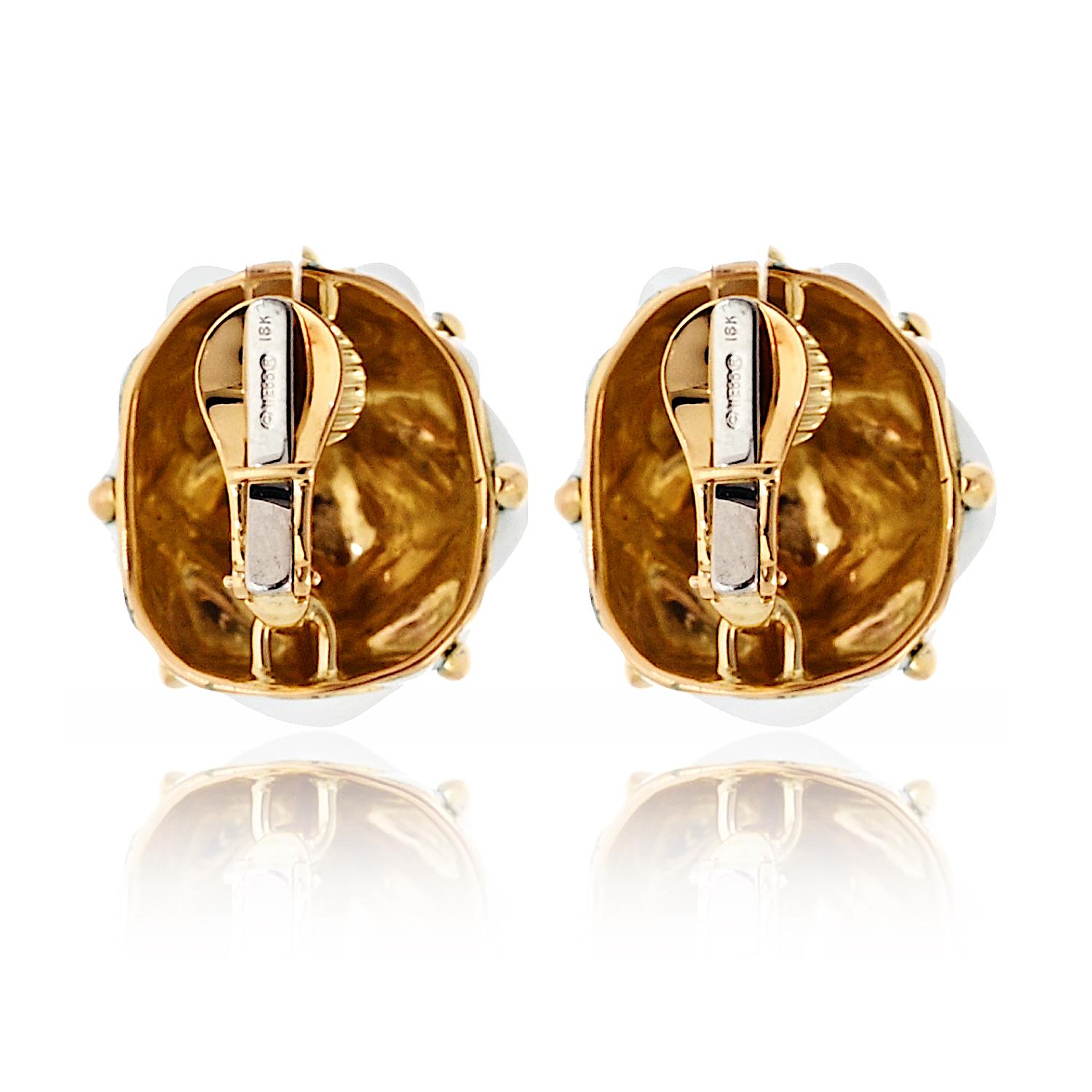Women's David Webb Platinum & 18K Yellow Gold White Enamel Bombe Dome Geodesic Earrings For Sale