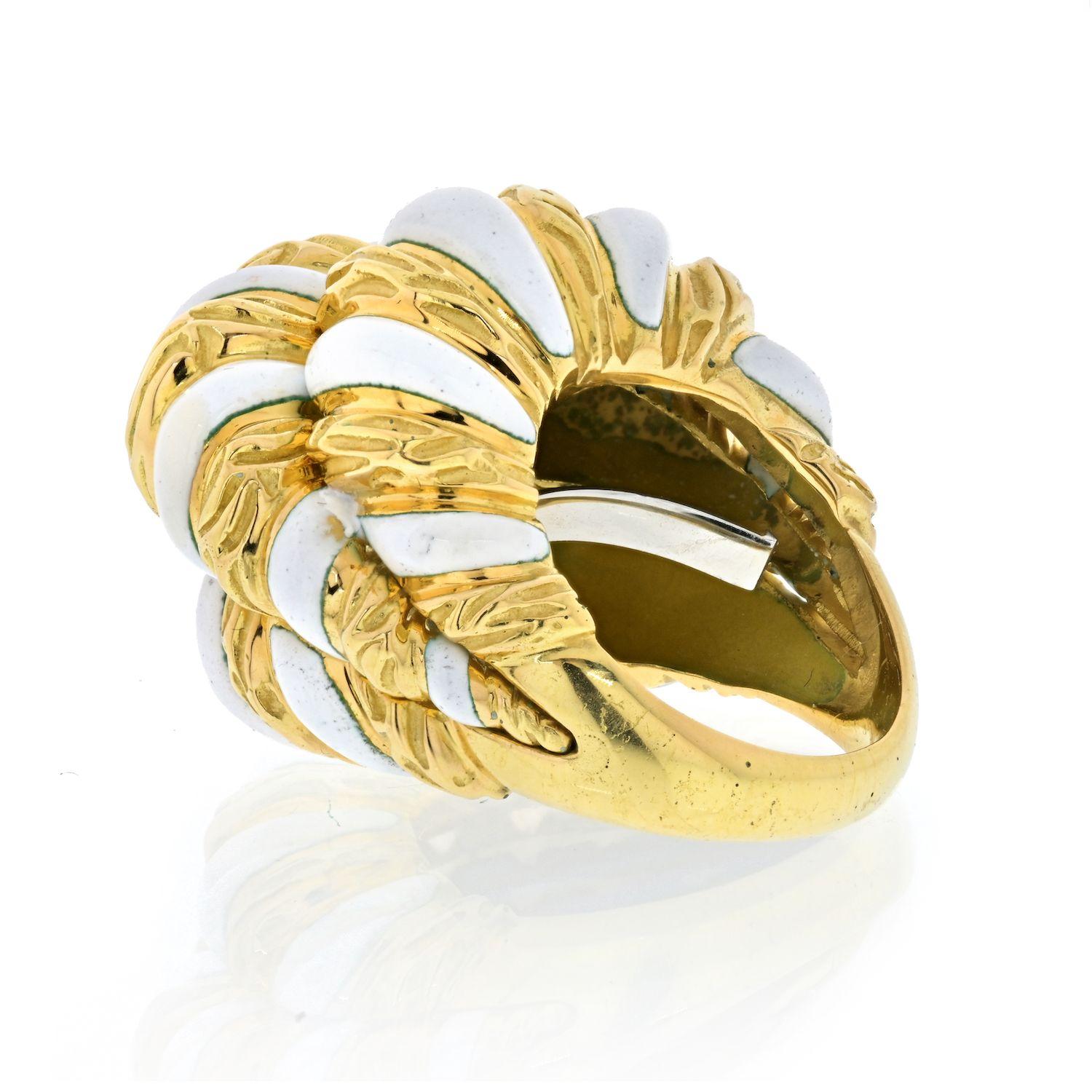 Modern David Webb Platinum & 18K Yellow Gold White Enamel Brushed Gold Ring