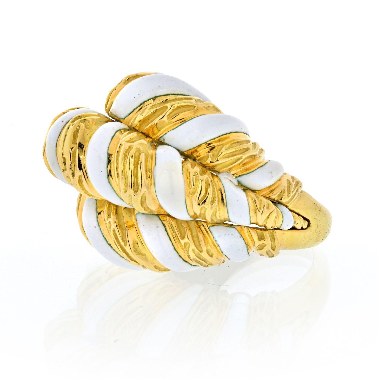 David Webb Platinum & 18K Yellow Gold White Enamel Brushed Gold Ring 2