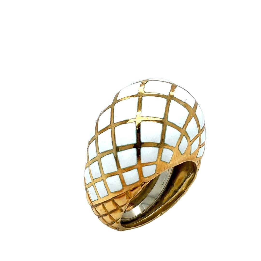 Modernist David Webb Platinum & 18K Yellow Gold White Enamel Checkerboard Bombe Dome Ring For Sale