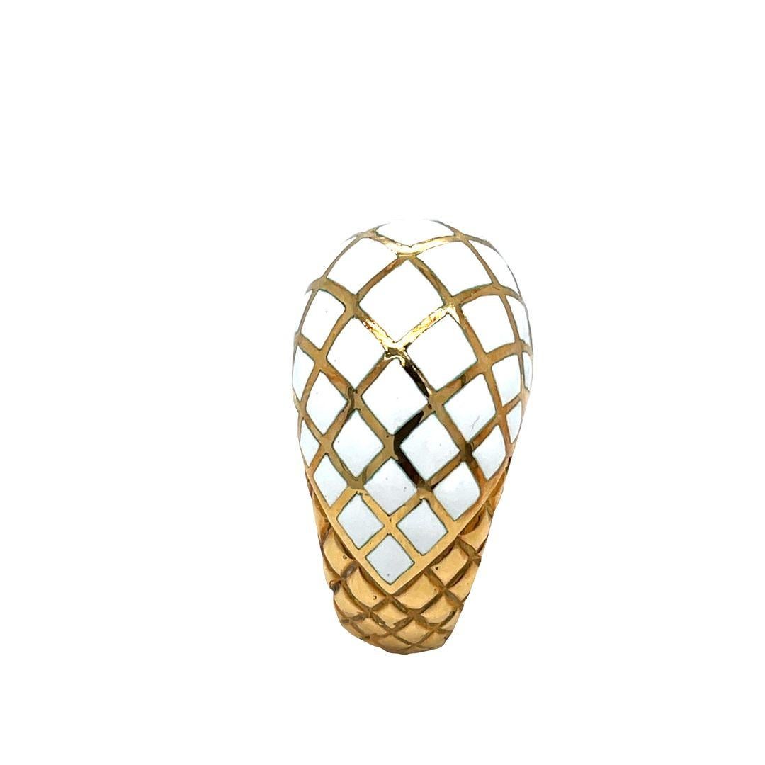 David Webb Platinum & 18K Yellow Gold White Enamel Checkerboard Bombe Dome Ring In Excellent Condition For Sale In beverly hills, CA