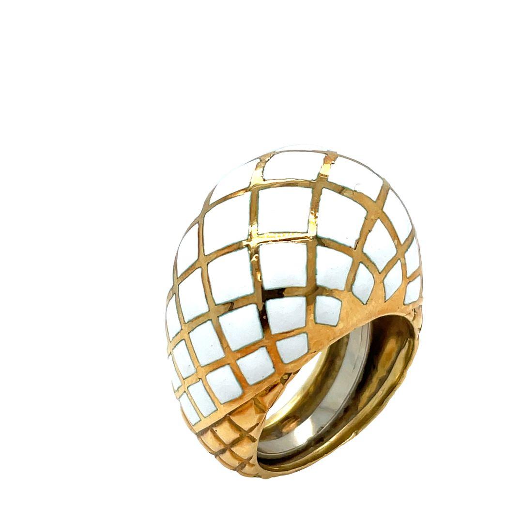 Women's David Webb Platinum & 18K Yellow Gold White Enamel Checkerboard Bombe Dome Ring For Sale