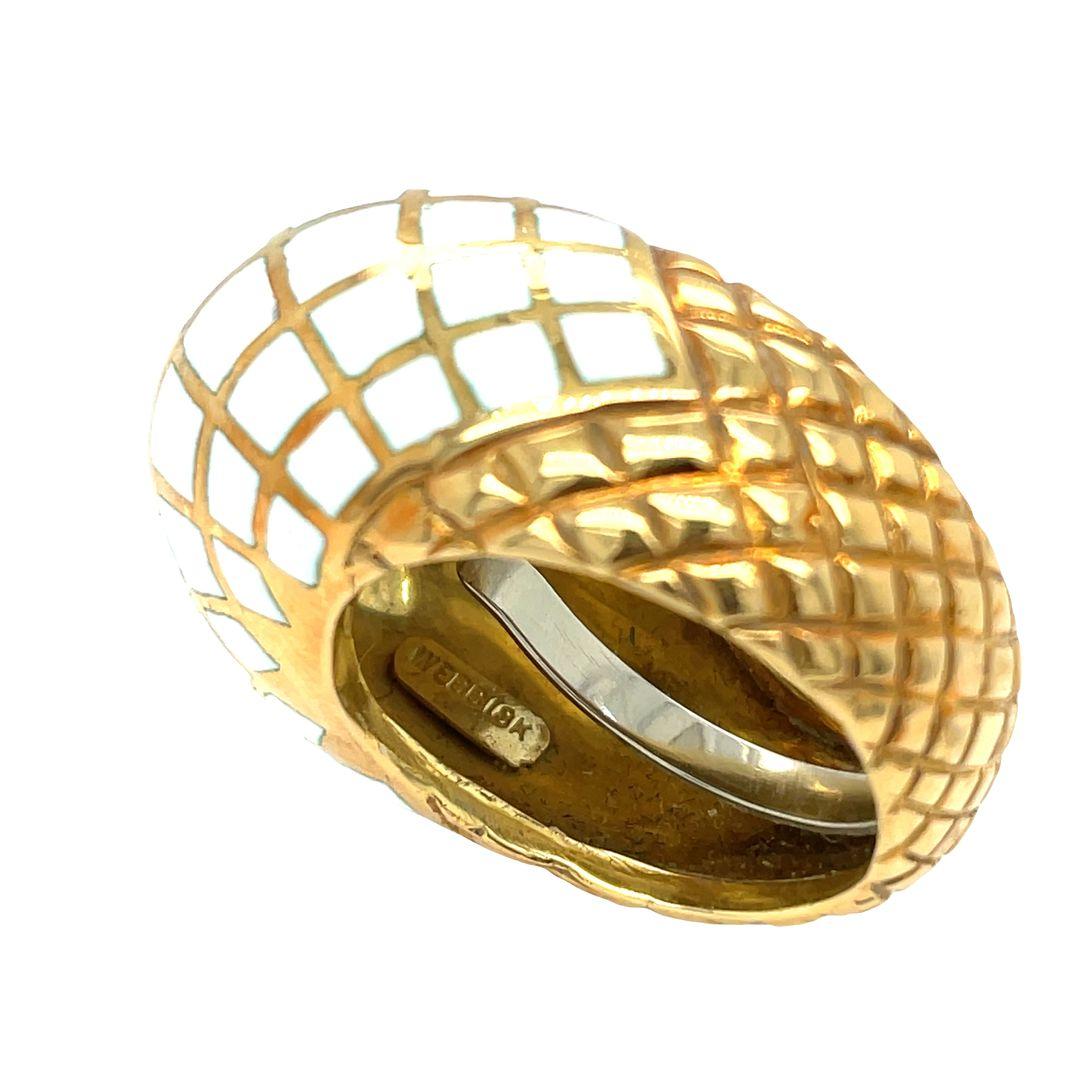 David Webb Platinum & 18K Yellow Gold White Enamel Checkerboard Bombe Dome Ring For Sale 1