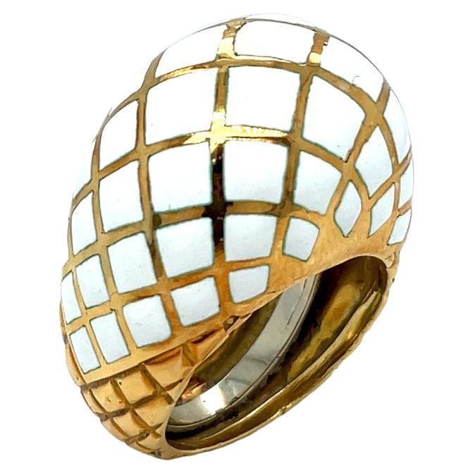 David Webb Platinum & 18K Yellow Gold White Enamel Checkerboard Bombe Dome Ring For Sale