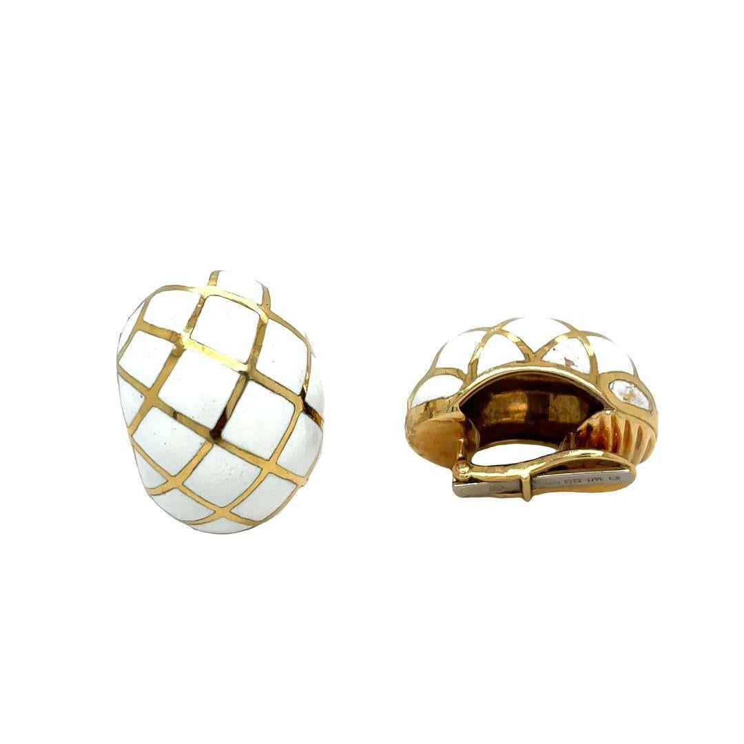 David Webb Platinum & 18K Yellow Gold White Enamel Checkerboard Clip-On Earrings In Excellent Condition For Sale In beverly hills, CA
