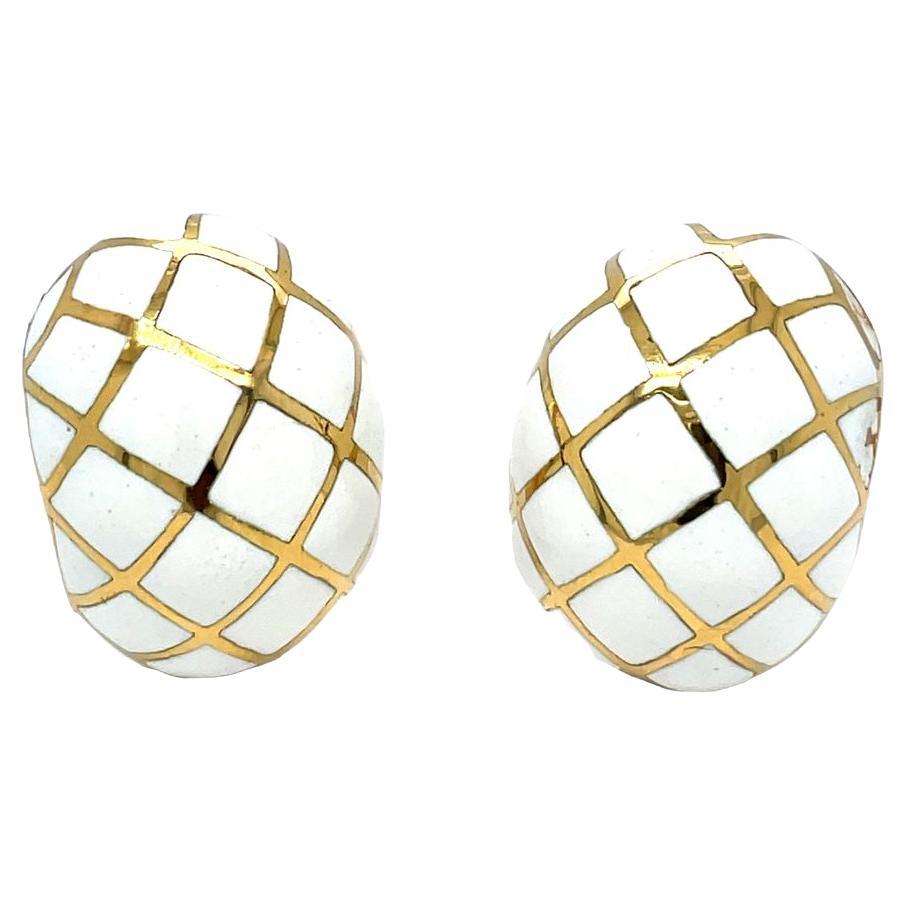 David Webb Platinum & 18K Yellow Gold White Enamel Checkerboard Clip-On Earrings For Sale