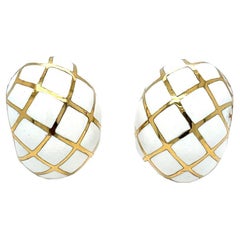 David Webb Platinum & 18K Yellow Gold White Enamel Checkerboard Clip-On Earrings