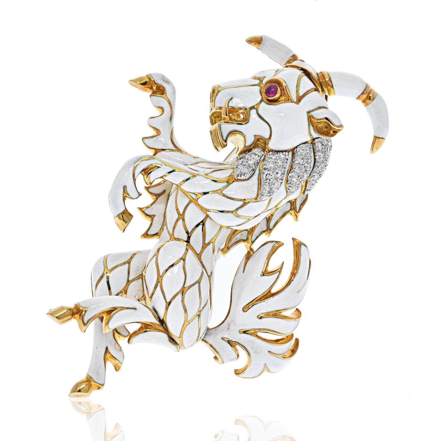 Indulge in the whimsical charm of this exquisite goat brooch, a true masterpiece designed by Webb. Crafted in 18-karat gold and platinum, this brooch is a testament to craftsmanship and attention to detail.

The goat is intricately designed and