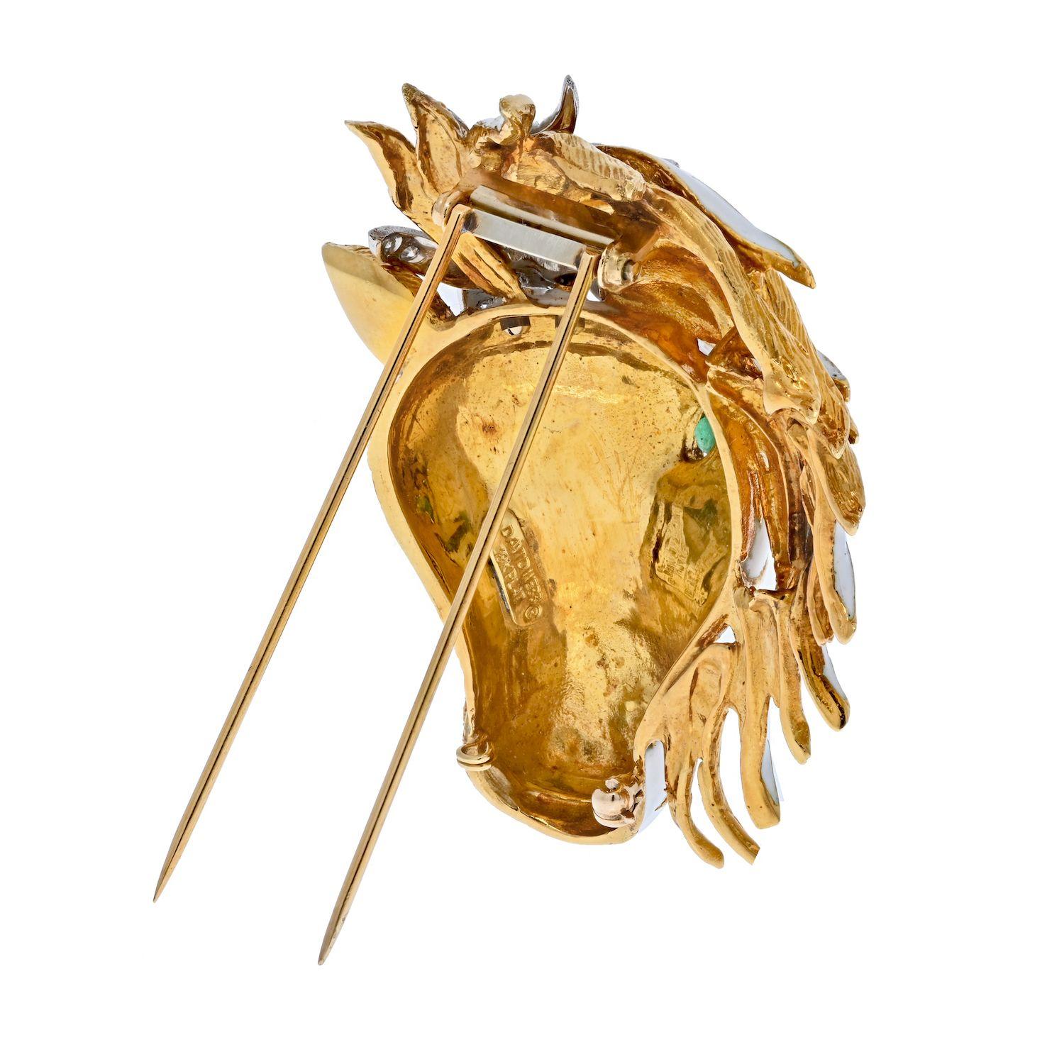 This is an exciting horse head brooch with white enamel and featuring (1) emerald eye and (34) round diamonds. Measuring about 6cm long. Fastens with a double stem pin.

Brooches and pins experienced a strong comeback in 2020 and 2021 bringing a